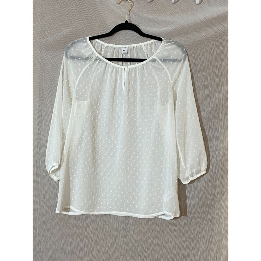 Old Navy Women's White Swiss Dot Sheer Peasant Blouse 3/4 Sleeve Size Small